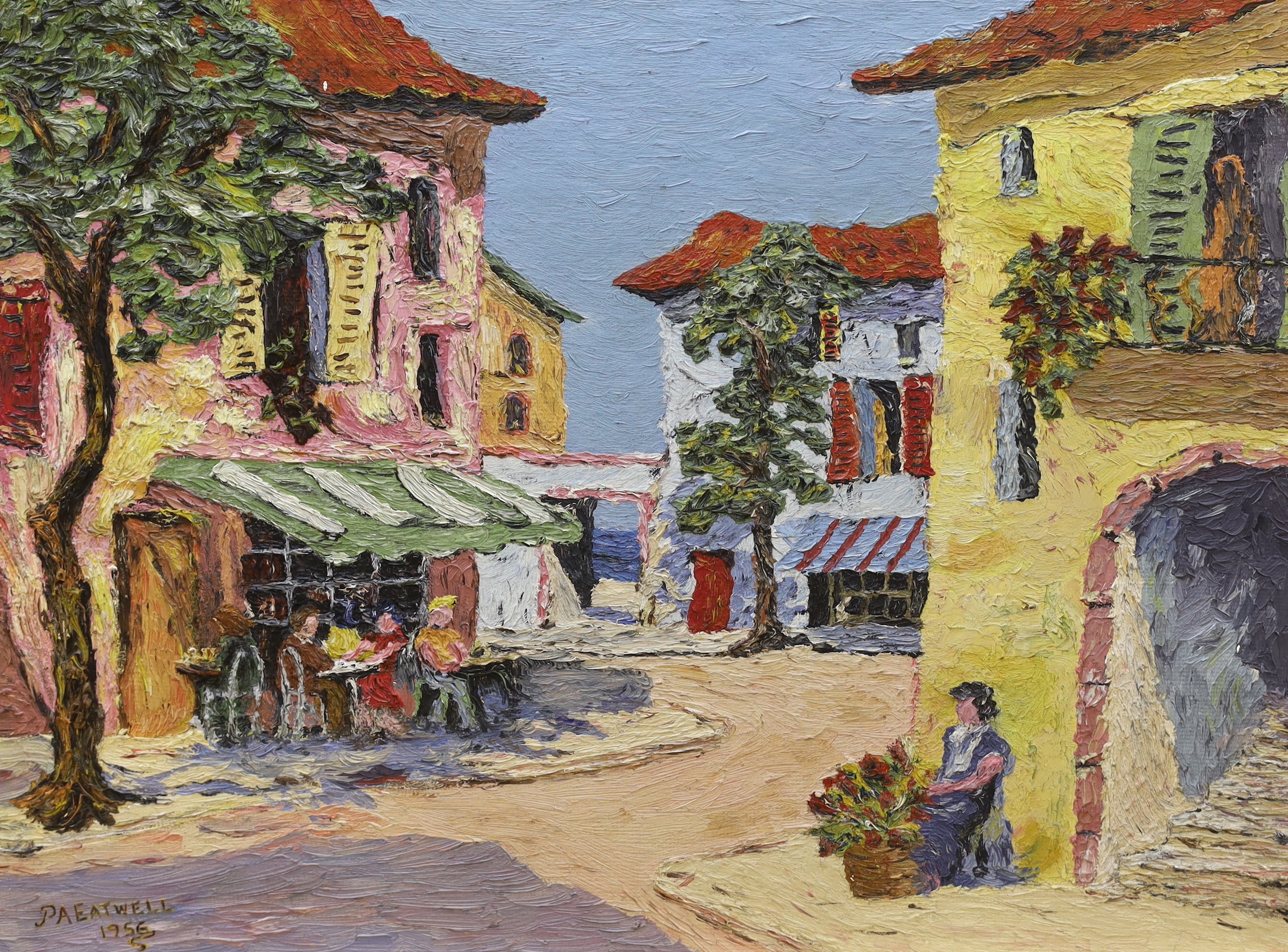 P A Eatwell, oil on board, Continental street scene, signed and dated, together with a similar watercolour, indistinctly signed, largest 50 x 38cm